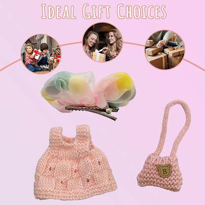 Clothes for Dolls, Handcrafted Crochet 3-Piece Set for 17cm Doll, Cute Stylish Knitted Outfit with Headband, Dress, Bag Accessories for Doll