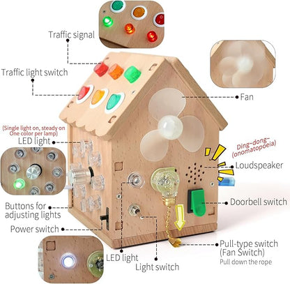 Sound and Light Busy House Wooden Montessori Busy Board, Light Switch Games Toddler Sensory Toys Montessori Toys for 3+ Year Old Gifts for Boys and Girls