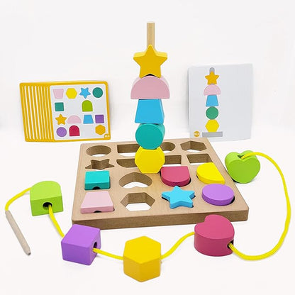 Jispring Puzzle Games for Dementia, 3-in-1 Color Matching Shapes, Wooden Shape Sorter for Alzheimers, Beads Sequencing for Elderly, Fidget Sensory Toys for Seniors, Keeping Hands Busy, Anxiety Relief