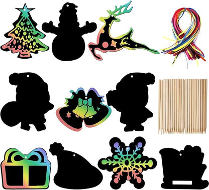 Naturahand 50 Rainbow Scratch Paper with 10 Wooden Scratch Sticks and 50 Red String, Deer Snow Shaped Scratch Off Cards for Christmas DIY Decorations and Art Party Favors(H-4)