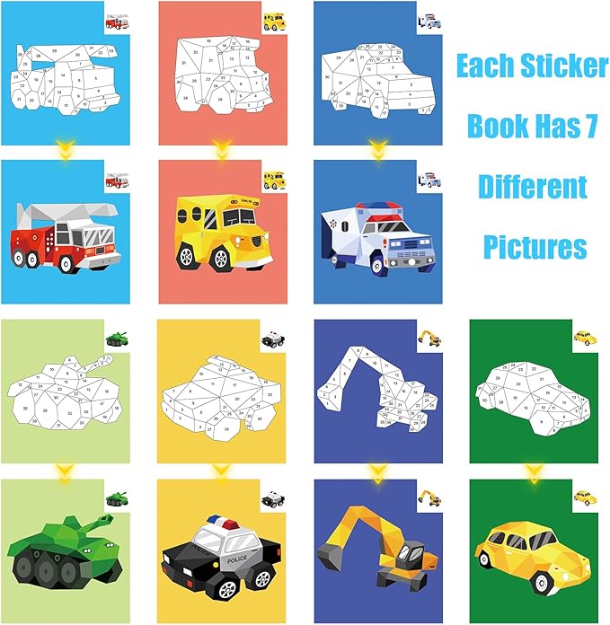 AEAHALY 4 Pack Paint by Sticker for Kids Crafts for Kids Ages 4-8 Sticker by Number Books Boys and Girls Birthday Gifts Party Favor, Travel Toys for Toddlers Learning (Princess+Animal+Horse+Vehicle)