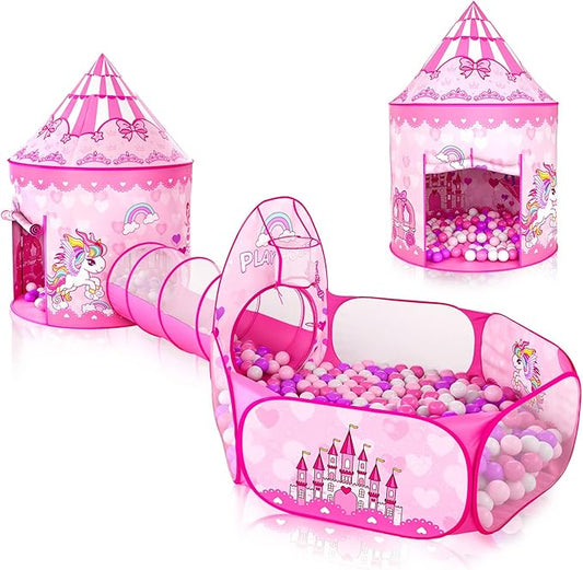 3pc Kids Play Tent for Girls with Ball Pit, Crawl Tunnel, Princess Tents for Toddlers, Baby Space World Playhouse Toys (3PC Princess Dream Tent)
