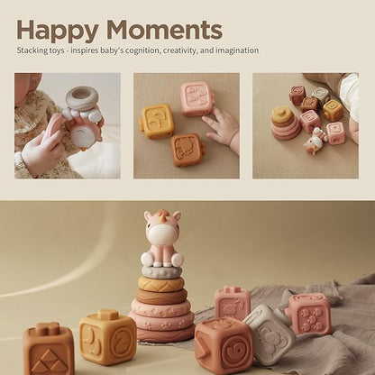 Nueplay 13 Pcs Building Circle & Blocks, Stacking & Nesting Baby Toys with Horse Figure, Newborn Essentials Squeeze Teething Toy Gifts for 6 12 18 Months Baby Toddler Girls