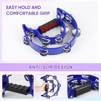 Tambourine Musical Instrument with Egg Shakers - Double Row Metal Jingles Tambourines Half Moon Handheld Percussion Gift for Adults Church Musical Education KTV Party Dance (Blue)
