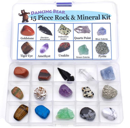 DANCING BEAR -15 Pc Rock & Mineral Collection with Collector Box/Display Case, ID Sheet, Rock Book, Magnifying Glass, Beginner Starter Set, Kids' Gemstone Crystal Kit, STEM Geology Science Education