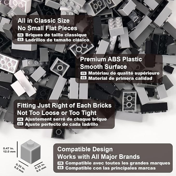 Building Bricks 1000 Pieces in Black, Dark Grey, Light Grey & White, Classic General Building Blocks Toys for Boys & Girls, Bulk Basic Brick Tiles for Adult's Building Projects