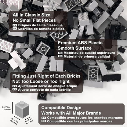 Building Bricks 1000 Pieces in Black, Dark Grey, Light Grey & White, Classic General Building Blocks Toys for Boys & Girls, Bulk Basic Brick Tiles for Adult's Building Projects