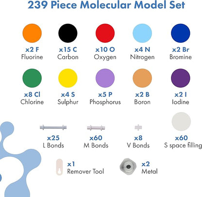 OLD NOBBY Organic Chemistry 239 Piece Model Kit - Molecular Model Kit with Atoms, Bonds, Instructional Guide, Bond Removal Tool, and Bonus Molecular Stencil