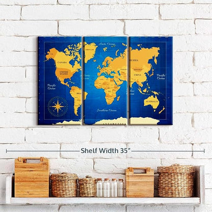ElephantStock Yellow Longitude World Map Multi Piece Canvas - 3 Panel Wall Decor - Map of the World Art - Canvas for the Office and Home - 23" X 14"