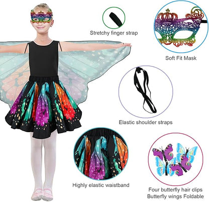 Butterfly Costume for Girls Fairy Wings Kids 4 Pcs(Cape,Skirts,Masks,Hair Clips) Butterfly Wings for Halloween Gifts