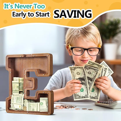 Summidate Customized Name Extra Large Wooden Piggy Bank for Kids Boys Girls Alphabets Letter A-Z Coins Bills Money Change Bank Initial on Clear Cover (Laser Engraved) Educational Toys 12"- Letter E