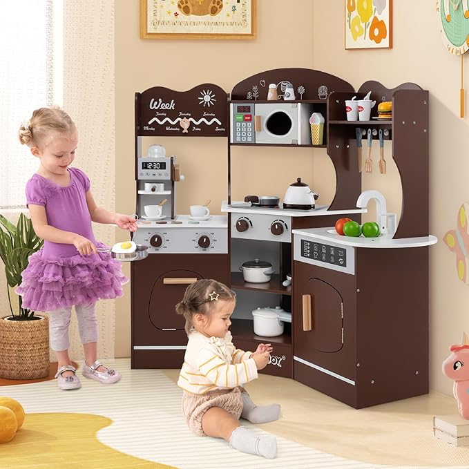 HONEY JOY Corner Play Kitchen, Toddler Wooden Toy Kitchen Set w/Lights, Coffee Maker, Microwave, Sink, Faucet, Little Chef Pretend Play Kids Kitchen Playset for Boys Girls (Coffee)