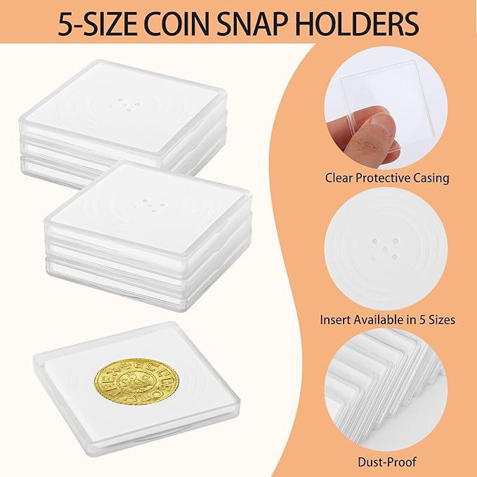 40 Pcs Coin Holders for Collectors, Clear Coin Cases with 5-Size Sponge Gaskets 20/25/30/35/40mm, Plastic Coin Slabs and Coin Protectors for Silver Dollar Collectors Collection Supplies, White