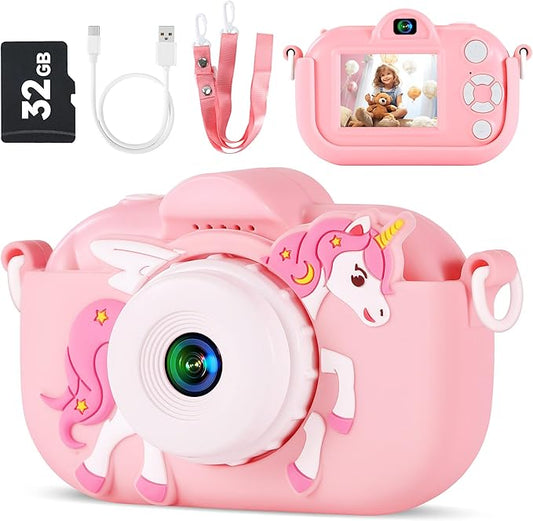 Kids Camera Toys for Ages 3 4 5 6 7 8 9 Girls, 48MP Dual Lens Toddler Digital Camera Christmas Birthday Gift, Kids Selfie Camera with 32G SD Card, Silicone Cover