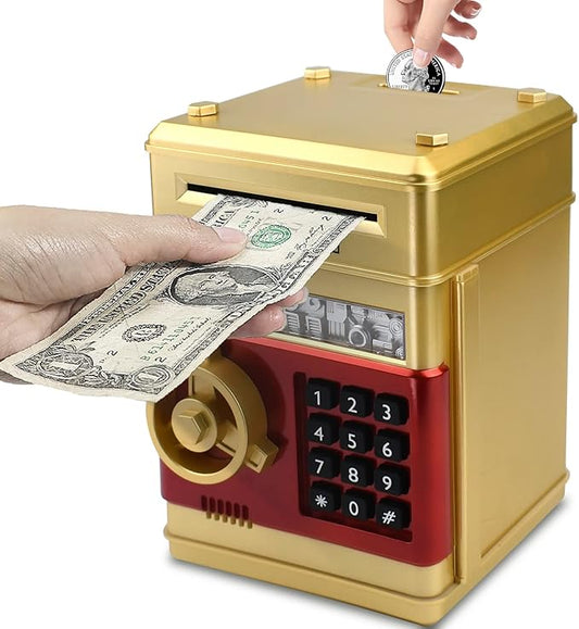 Electronic Piggy Bank with Password Lock & Mini ATM Function - Money Saving Box for Kids, Safe Coin Bank Toy for Ages 3 for Boys & Girls (Gold)