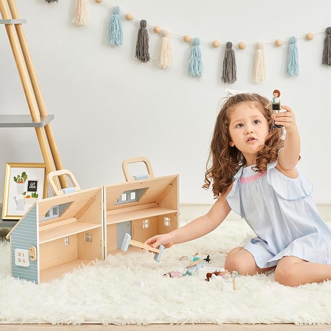 Olivia's Little World Wooden Cottage Dollhouse with 12 Accessories & 4 Figurines – Portable 2-Story Playhouse for 3.5" Dolls – Foldable Miniature Toy House for Girls Ages 3+