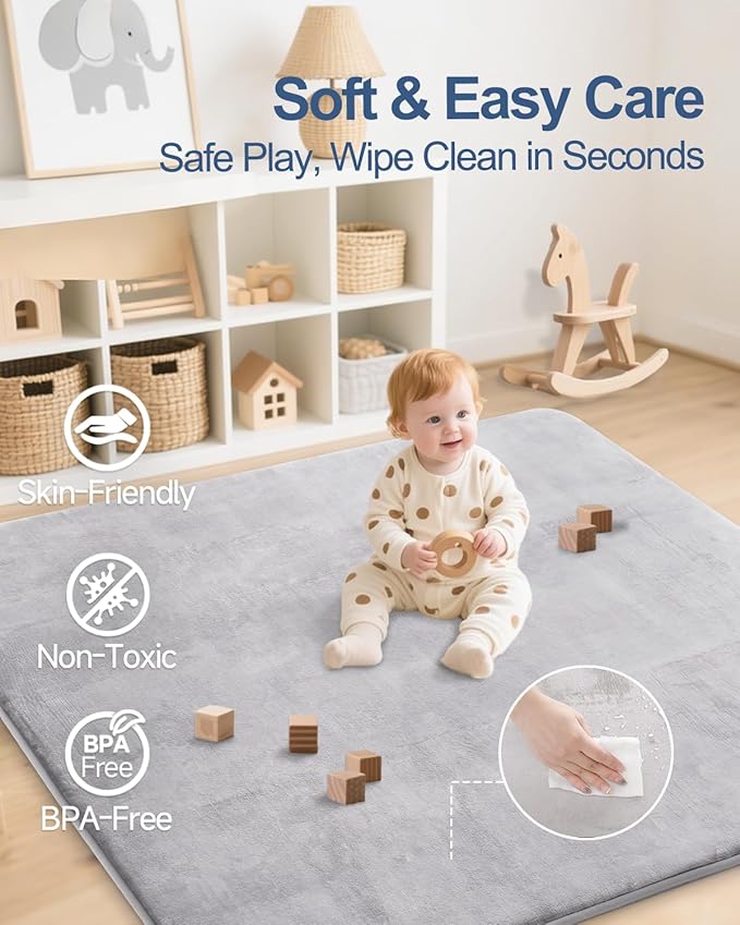 Large Thick Baby Play Mat for Floor,Padded Foam 59x79 Playpen Mat,Soft Support&Plush Feel Nursery Rug,Non Slip for Toddler,Infants,Kids Play,Yoga,Baby Crawling,Tummy Time (Light Grey)