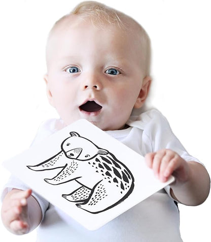 Wee Gallery Art Cards for Baby, Durable High Contrast Black and White Animal Flashcards for Newborns, Brain Development, Sensory Toys, Tummy Time Essentials for Infant and Toddler - Woodland Animals