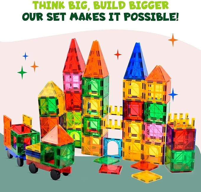 Magnetic Tiles 136 PCS with 2 Cars – STEM Building Blocks for Kids, Educational Gift for Boys & Girls