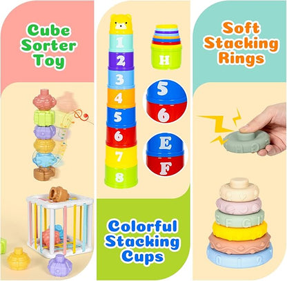 6 in 1 Montessori Toys for Babies 6–12 Months Stacking Block Soft Infant Ring Shape Learning Sensory Bin Pull String Teething Toy Tissue Box for Toddlers 1 2 3 Year Old Boy Girl Gift