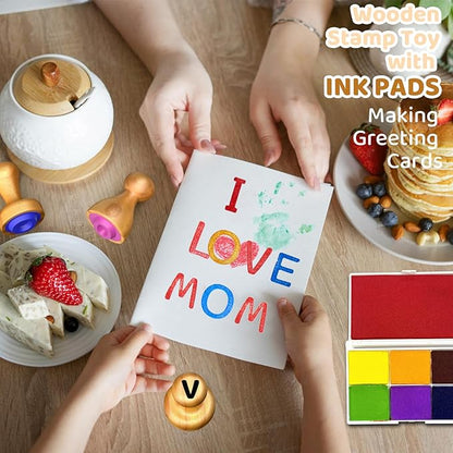 ‌Wooden Alphabet & Number Stampers Set with 7-Color Ink Pad | ABCs 123s Learning Stamps & Flashcards | Preschool Homeschool Classroom Supplies Gift for Ages 3+