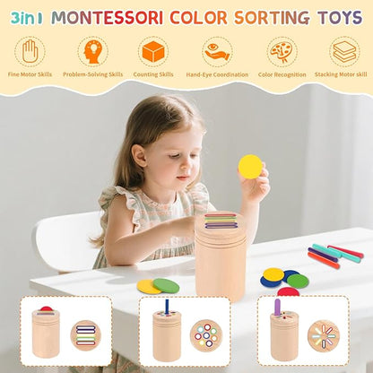JOMBY Montessori Toys for Kids: 3 in 1 Sensory Learning Color Sorting Toys Wooden for 3 Year Old, Fine Motor Developmental Children Matching Games, Preschooler Learning Activities Boys Girls Gifts