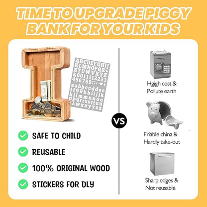KMC Wooden Letter Piggy Bank, Personalized Initial Piggy Bank for Kids Boys, Clear Alphabet I Wood Money Box, Unbreakable Coin Saving Jar, Birthday, for Children