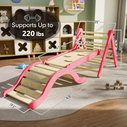 Pikler Triangle Set Climber 5 in 1, Toddler Climbing Toys Indoor Folding with Ramp & Arch & Mat for Montessori Play Gym for Toddlers and Kids (Pink)(105" Wx25 Dx31.5 H)