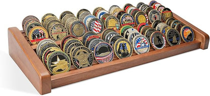 Challenge Coin Display Holder, 8 Rows Solid Wood Military Coin Stand Holds 60-70 Coins, Army Coin Display Rack for Desk (Walnut Finish)