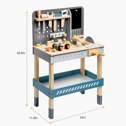 ROBOTIME Kids Tool Bench, Wooden Toy Tool Bench with Realistic Tools and Electric Drill, Kids Workbench for Kids Pretend Play Learning, Toddler Tool Bench Gift for Boys & Girls Age 3-5 (Blue)