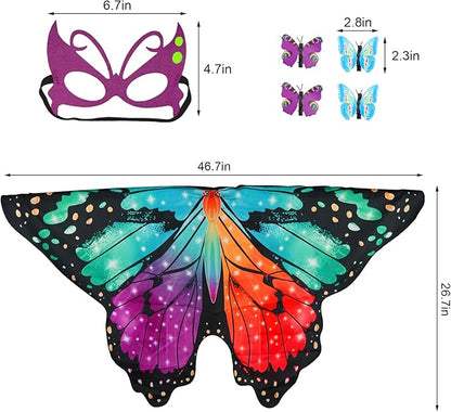 Butterfly Costume for Girls Fairy Wings Kids 4 Pcs(Cape,Skirts,Masks,Hair Clips) Butterfly Wings for Halloween Gifts