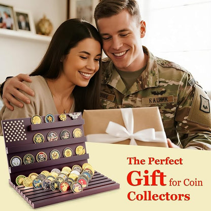 Challenge Coin Display Stand - 11 Rows Military Coins Holder Rack, Wooden Coin Collection Case for Table Top Display