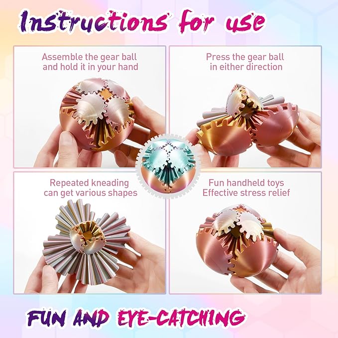 Gear Ball-3D Printed Gear Sphere,3D Printed Spin Ball Cube Fidget Toy,The Steampunk Whirling Wonder Fidget Ball Toy (Candy Rainbow)