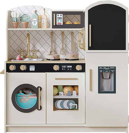 Treocho Play Kitchen for Kids, Wooden Toddler Kitchen Set with Storage, Modern Design Toy Kitchen with Faucet&Sink, Stove, Chalkboard, Icemaker and Various Accessories for Kids Ages 3+, Cream