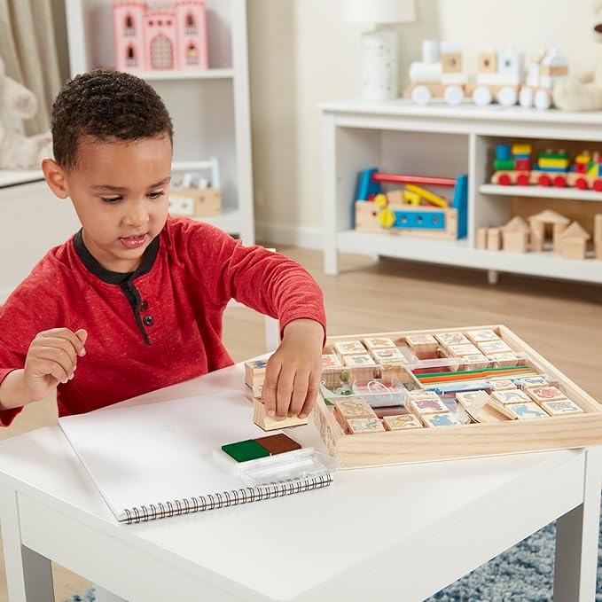 Melissa & Doug Deluxe Wooden Stamp Set: Animals - 30 Stamps, 6 Markers, 2 Stamp Pads