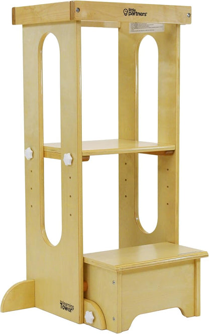 Little Partners Foldable Toddler Tower, Learning Tower Explore 'N Store Montessori Standing Kitchen Tower with Folding Step Stool Platform for Cooking and Learning, Ages 2+ (Natural)