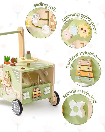 ROBOTIME Wooden Baby Walker Push Toy for Toddlers, Baby Push Walker with Wheels, Farm-Themed Activity Center for Girls & Boys, Adjustable Speed Walker for Baby Learning to Walk