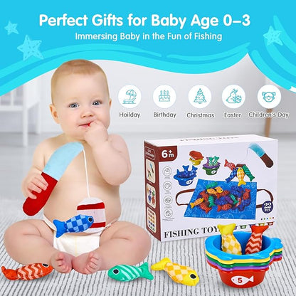 Toddler Toys Montessori Toys for 1 Year Old Boy Girl Birthday Gift- Cloth Fishing Game for Toddler 1-3 with Stacking Cups- Number Counting, Color Sorting, Shape Learning