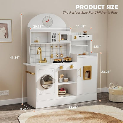 JOYDIAS Kids Play Kitchen Set, Pretend Wooden Kid Kitchen Playset Toy Kitchen w/Sound and Light, Oven, Washing Machine, Toy Coffee Station and Toddler Kitchen Accessories for Kids Age 3+