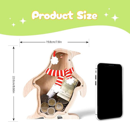 Wooden Christmas Piggy Bank for Kids, Adorable Penguin Piggy Bank with Acrylic Panels, Unbreakable Toddler Money Box for Boys Girls, Cute Saving Coin Jar for Birthday, Decor