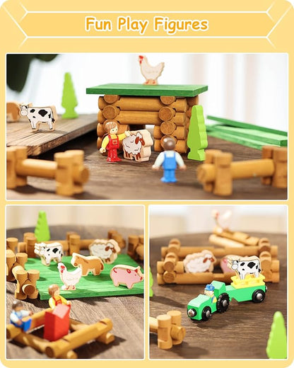 SainSmart Jr. Wooden Log Cabin Set Farm Building House Toy for Toddlers, 122 PCS Classic STEM Construction Kit with Colorful Wood Logs Blocks for 3+ Years Old