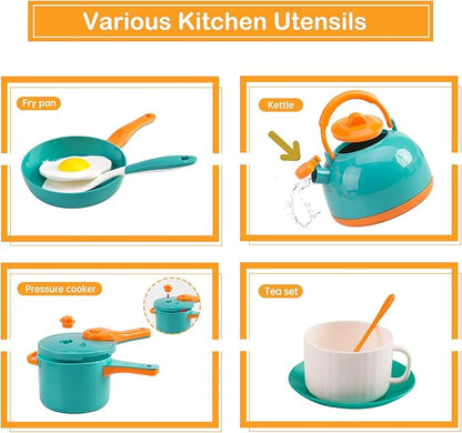 56Pcs Mini Play Kitchen Accessories for Kids, Pretend Cooking Playset with Cookware, Tableware & 2 Fruit Sets, Learning Gift for Girls, Boys, Toddlers, Green