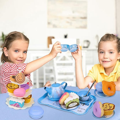 PRE-WORLD Tea Party Set for Little Girls, 46Pcs Princess Tea Time Toy Including Dessert,Cookies,Doughnut,Teapot Tray Cake,Tablecloth,Gloves & Carrying Case,Kitchen Pretend Play for Girls Boys Age 3-6