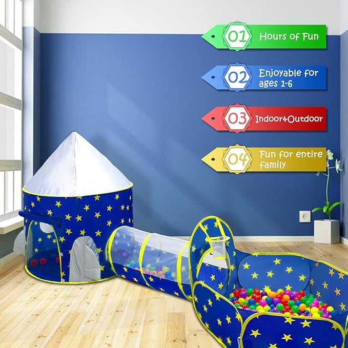 PigPigPen 3pc Kids Play Tent for Boys with Ball Pit, Crawl Tunnel, Princess Tents for Toddlers, Baby Space World Playhouse Toys, Boys Indoor& Outdoor Play House, Perfect Kid’s Gifts