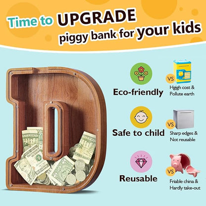 Summidate Large Wooden Piggy Bank for Kids Adults, Alphabets Letter A-Z Piggy Bank for Boys Girls, Coins Bills Change Bank Box Personalized Initial Name Kids Money Bank for Birthday Present and Decor
