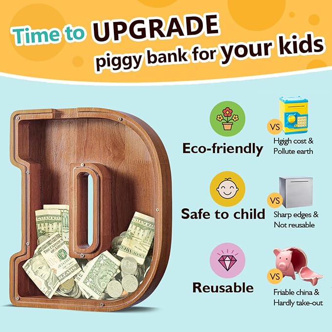 Summidate Customized Name Extra Large Wooden Piggy Bank for Kids Boys Girls Alphabets Letter A-Z Coins Bills Money Change Saving Box Clear Cover (Laser Engraved) Educational Toys 12"- Letter D