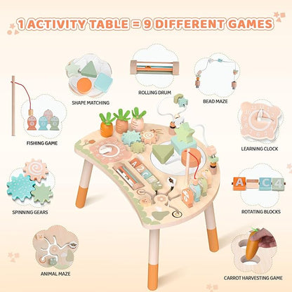 Activity Table for 1+ Year Old, 9-in-1 Montessori Wooden Sensory Play Table with Shape Sorter Fishing Game Bead Maze, Baby Activity Center Learning Toys for Toddler 12-18 Months
