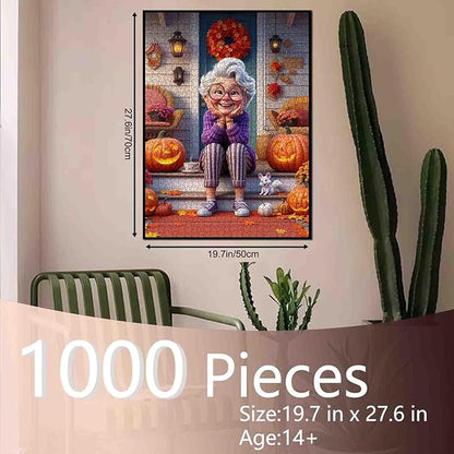 Cheerful Grandma on Porch with Autumn Pumpkins 1000 Piece Jigsaw Puzzle for Adults Students 20×27 Inches Fall Jigsaw with Smiling Elderly Woman Halloween Decor Colorful Leaves Gift for Puzzle Lovers