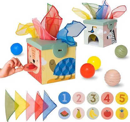 Taf Toys Sensory Baby Tissue Box, Object Permanence Box, Imaginary Play for Infants & Toddlers, Montessori Square Sensory Toys Colorful Pull Scarves, Play Balls & Cards Educational Preschool Learning