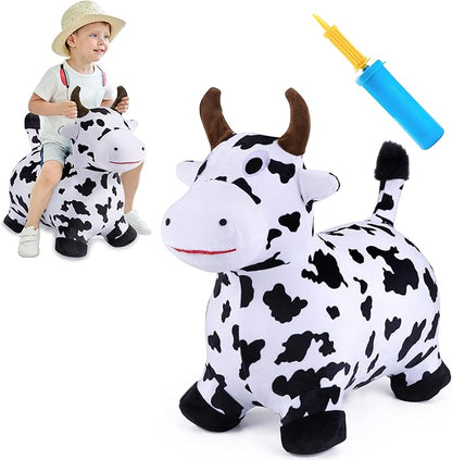 iPlay, iLearn Bouncy Pals Hopping Cow Horse, Toddler Girl Boy Inflatable Bouncing Animal Hopper Toy, Outdoor Indoor Plush Ride on Bouncer, Baby Birthday Gift 18 Month 2 3 4 Year Old Kid - Cow